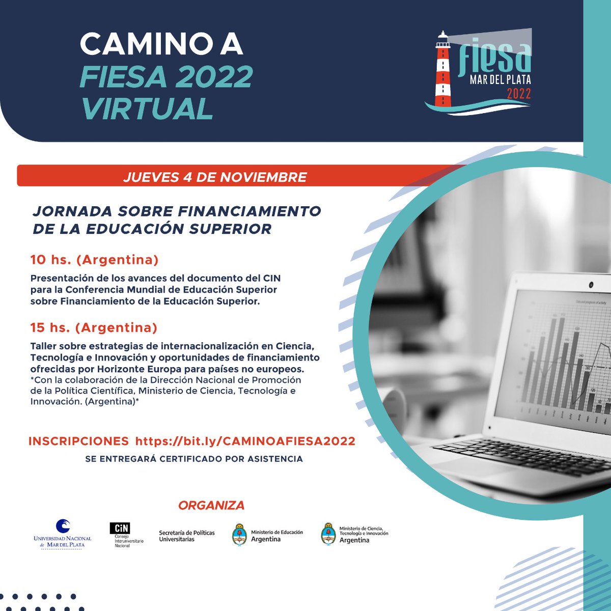 INVITACIÓN: Camino a FIESA 2022

Conferencias, encuentros virtuales con expertos sobre internacionalización y ES

Entre el 1° y el 5 de noviembre 2021

Inscríbete en: bit.ly/CAMINOAFIESA20…