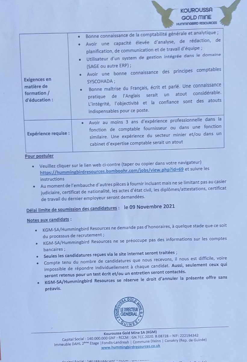 La Commune informe la population que la Société Kouroussa Gold Mine - SA recrute deux comptables. Vous pouvez consulter les documents joints ou se rendre à la mairie voir le tableau d'affichage. La Commune urbaine vous souhaite bonne chance. #Kouroussa #Hamana #LocalOpenGov