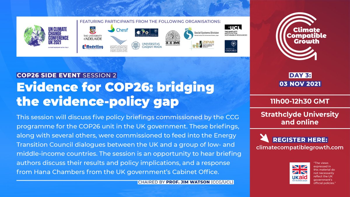 Providing evidence: hear how #CCG-commissioned #research has helped shape COP26 discussions through evidence-based #energy and #transport policy recommendations. 

#COP26 Side Events: Session 2 
Nov 3 | 11.00-12.30am GMT

Registration here: bit.ly/3FPqjlF

#FCDOResearch
