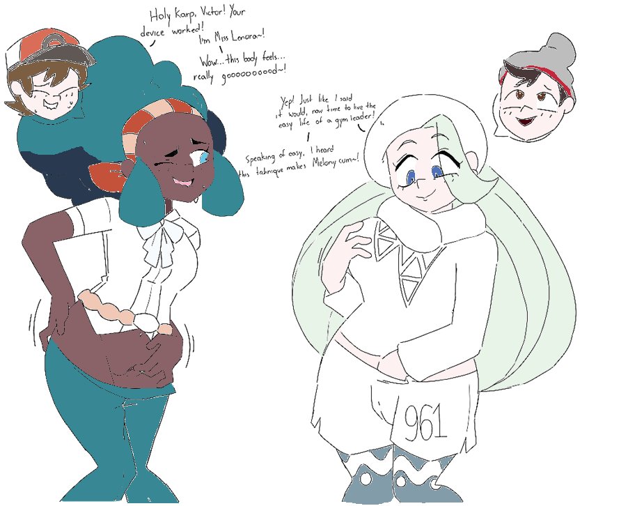 JadeSpecter's tweet image. Colourisation of  'new gym leaders in town' where it seems Hilbert and Victor have stolen Leona and Melony's bodies by @dezzy_draws