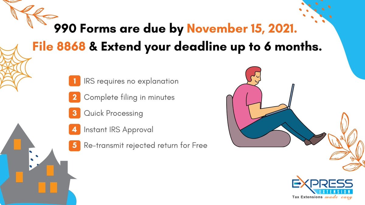 TaxExtensionIRS's tweet photo. The deadline to File your 990 Forms is November 15, 2021. File Form 8868 and Extend your 990 Deadline up to 6 Months.
✅No explanation required by the IRS
✅Complete filing in minutes

E-File 8868 Now: https://t.co/wJSwyMdrOq https://t.co/0e2T0Gw52L