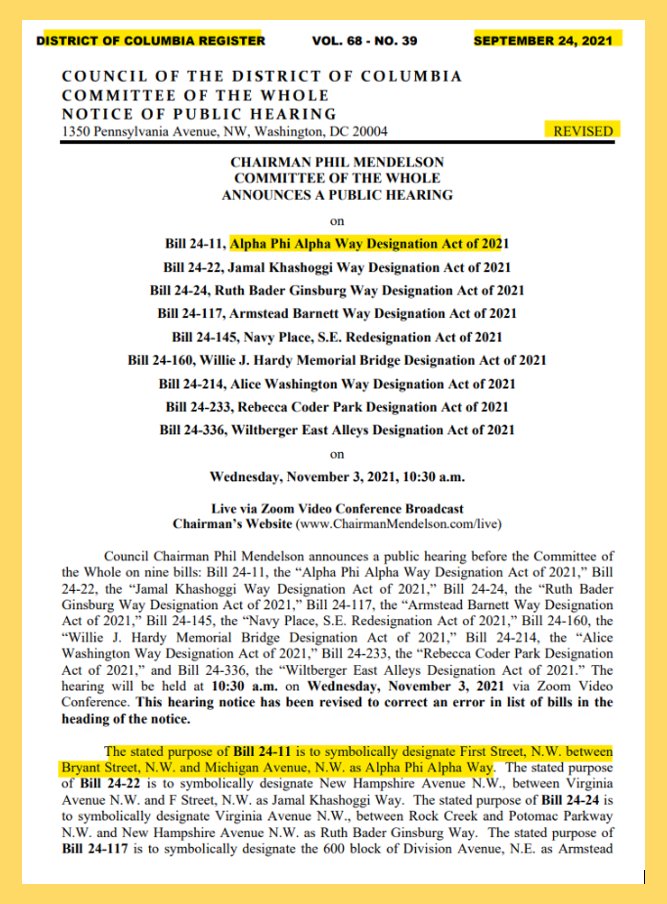 a week from today: <a href="/councilofdc/">Council of DC</a> hearing on Bill 24-0011 for the Alpha Phi Alpha Way symbolic street designation (1st St NW in #BloomingdaleDC from Bryant St NW up to Michigan Ave NW)

bill introduced by <a href="/CM_McDuffie/">CM McDuffie's Office</a> &amp; <a href="/CMRobertWhiteDC/">Councilmember_RobertWhite</a> 

lims.dccouncil.us/Legislation/B2… 
<a href="/apa1906NETwork/">Alpha Phi Alpha Fraternity, Inc. ®</a>