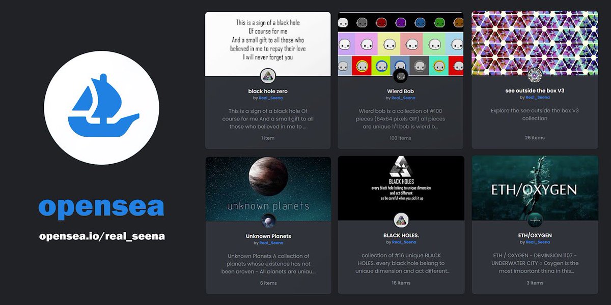 ▫️hey #NFTcommunitiy 👋
▫️im seena 
▫️i created 6 collection <a href="/opensea/">OpenSea</a>
▫️please feel free to check them out
▫️check threats for more details 

▫️opensea.io/real_seena

▫️ #NFTCommunity #nftcollector #NFTartist #NFTdrop #NFT