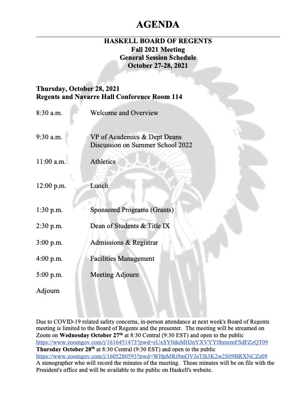IndianLeader84's tweet photo. Haskell Board of Regents to convene today and tomorrow. Streaming available to the public. See schedule below. https://t.co/VCZs7tjCxj