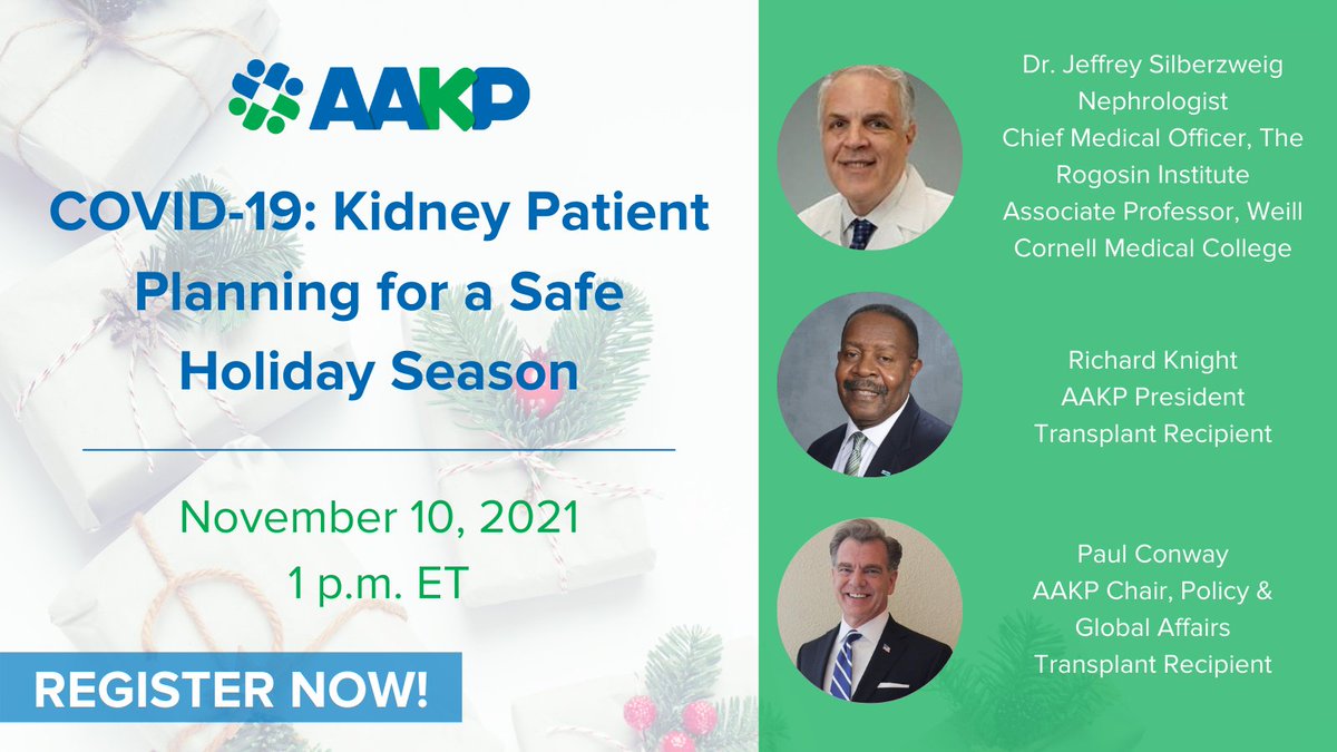 KidneyPatients's tweet photo. UPCOMING WEBINAR - REGISTER NOW! Join us to learn what high risk, immune compromised individuals can continue to do and must continue to be mindful of to remain safe while being able to enjoy the holidays. Learn more and register now for FREE: https://t.co/I9Baer1JxY https://t.co/tE5IhJ3GbI