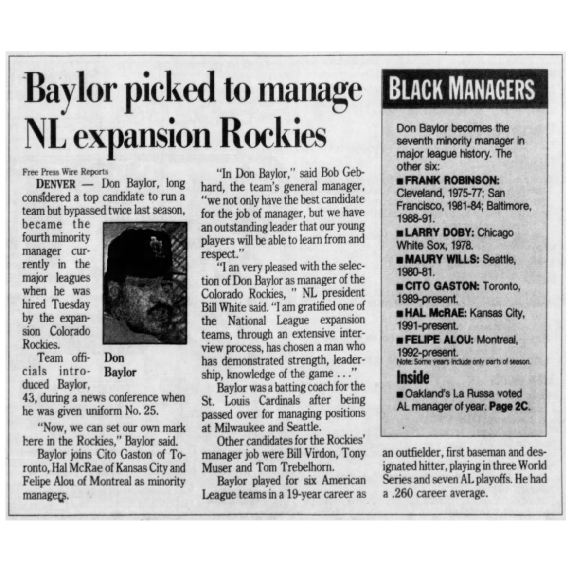 BaseballAlmanac's tweet photo. Baseball Almanac: #OTD in 1992, the #Colorado #Rockies hired Don Baylor as their first manager in franchise #history! [https://t.co/oGK38svs6J] #BaseballAlmanac #WaybackWednesday #DonBaylor ❤️⚾️ https://t.co/6BeuUUJZqf