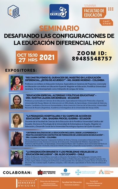 #COMUNICADO| Te esperamos este miércoles 27 de octubre en el seminario: "Desafiando las configuraciones de la educación diferencial hoy", a través de la plataforma zoom. 

🤓Contamos con expositores nacionales e internacionales. 

🤓‼️¡Te esperamos!‼️🤓

#PUCE #FCIED #seminario