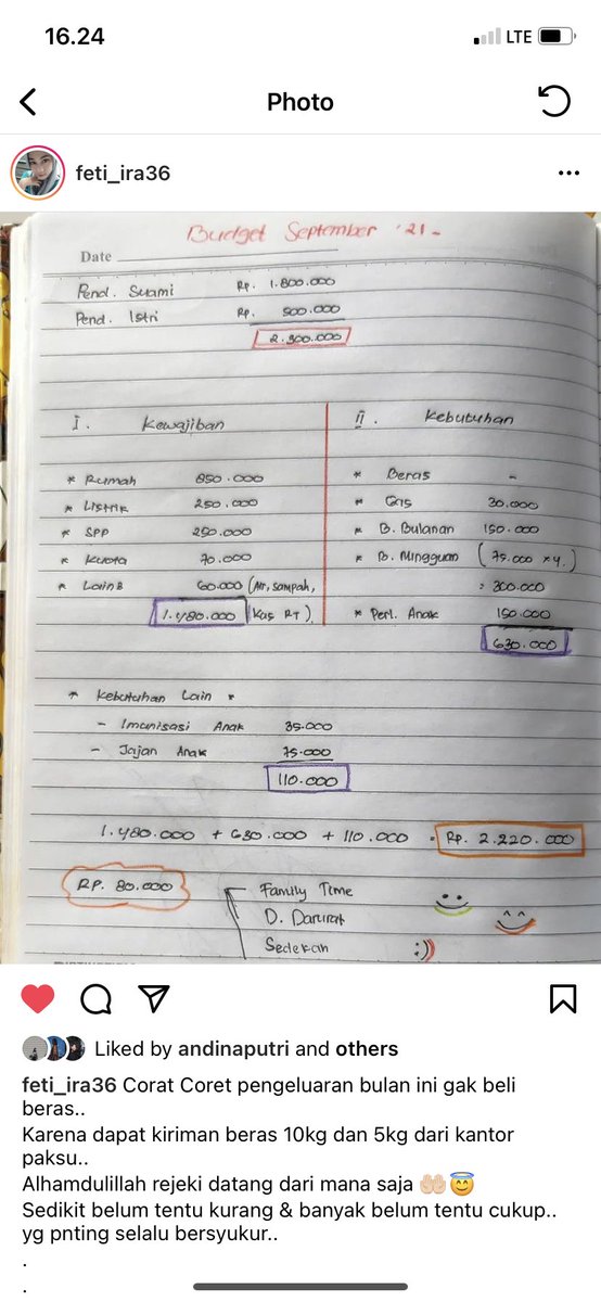 Tertampar 🥺🥺

Sedikit belum tentu kurang
Banyak belum tentu cukup

Postingan sederhana beliau menunjukkan kekuatan mampu bersyukur dan berbagi berapapun yang dimiliki

Serta kemampuan mengelola budgeting keluarga merupakan skill penting. Sumber : instagram.com/p/CT64UXwhmeL/…