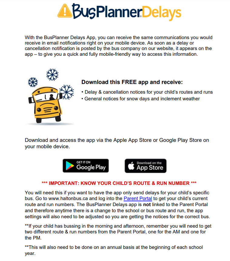 AnneJMacArthur1's tweet photo. Do you have a bus student? Download the new BusPlanner Delays App from @haltonschoolbus! Parents/guardians can download the app to their mobile device and sign up to receive instant notifications regarding your child’s bus route. https://t.co/LC6EH5Rqne