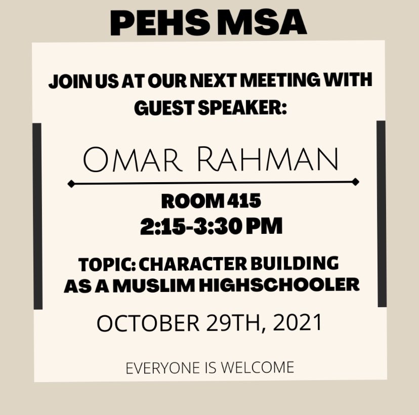 PehsMsa's tweet photo. Join us at our next meeting October 29th in room 415! We will be having our very first guest speaker join us to talk about character! Anyone and everyone is welcome. Encourage others to come as well! Hope to see you there! 😊 https://t.co/UV3SQmjHqv