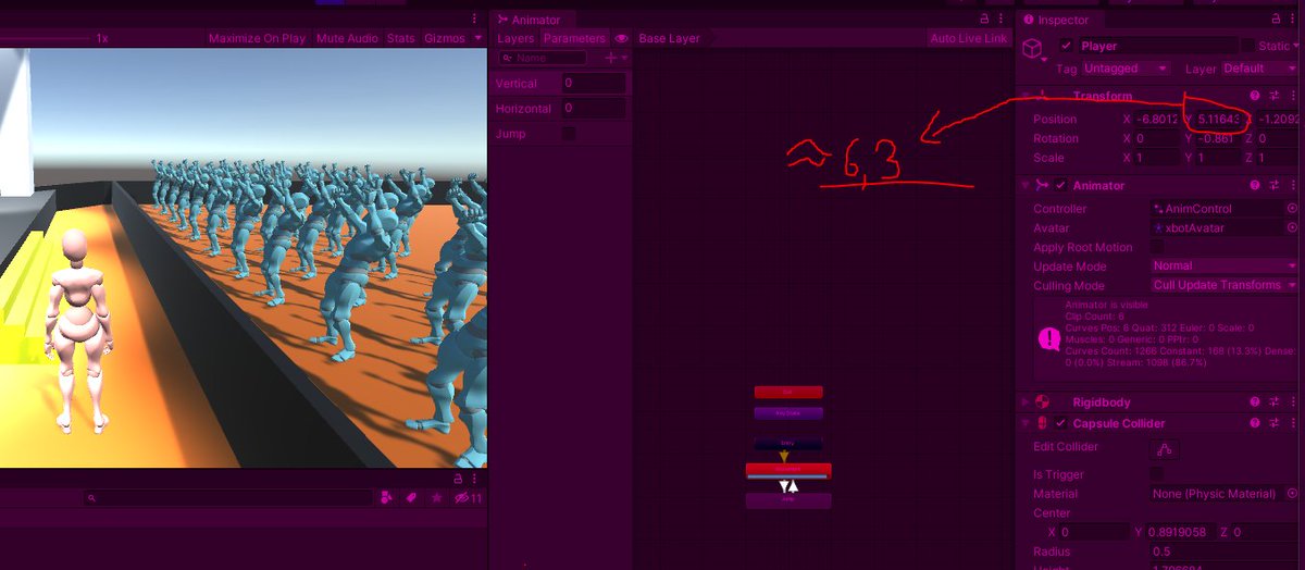 NewbieProgramm1's tweet photo. I have a problem with jumping - the jumping animation starts only when I exceed one meter on the Y axis. Changing the position does not help. When I set the jump force, the animation starts only after reaching Y which is 1 meter higher. hylp

#gamedev #game #Unity3D #Unity #joke https://t.co/LonAafweUP