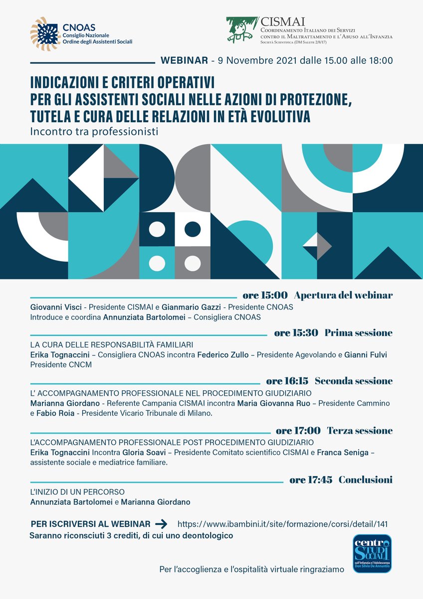 Webinar #Cnoas e <a href="/cismai_infanzia/">Cismai</a> “Indicazioni e criteri operativi per gli #AassistentiSociali nelle azioni di protezione, tutela e cura delle relazioni in età evolutiva”. 
9/11/21 dalle ore 15 alle 18
ISCRIZIONI chiuse IL 7/11
Info su👉🏻 bit.ly/3GuAFHR