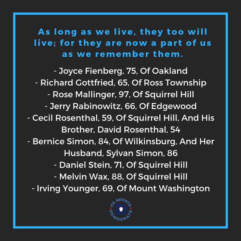 PaSenateDems's tweet photo. Three years ago today, a senseless act of violence at the Tree of Life Synagogue in Pittsburgh took the lives of 11 Pennsylvanians.

No one entering their house of worship should have to fear for their life. https://t.co/0OtRZNPi7f