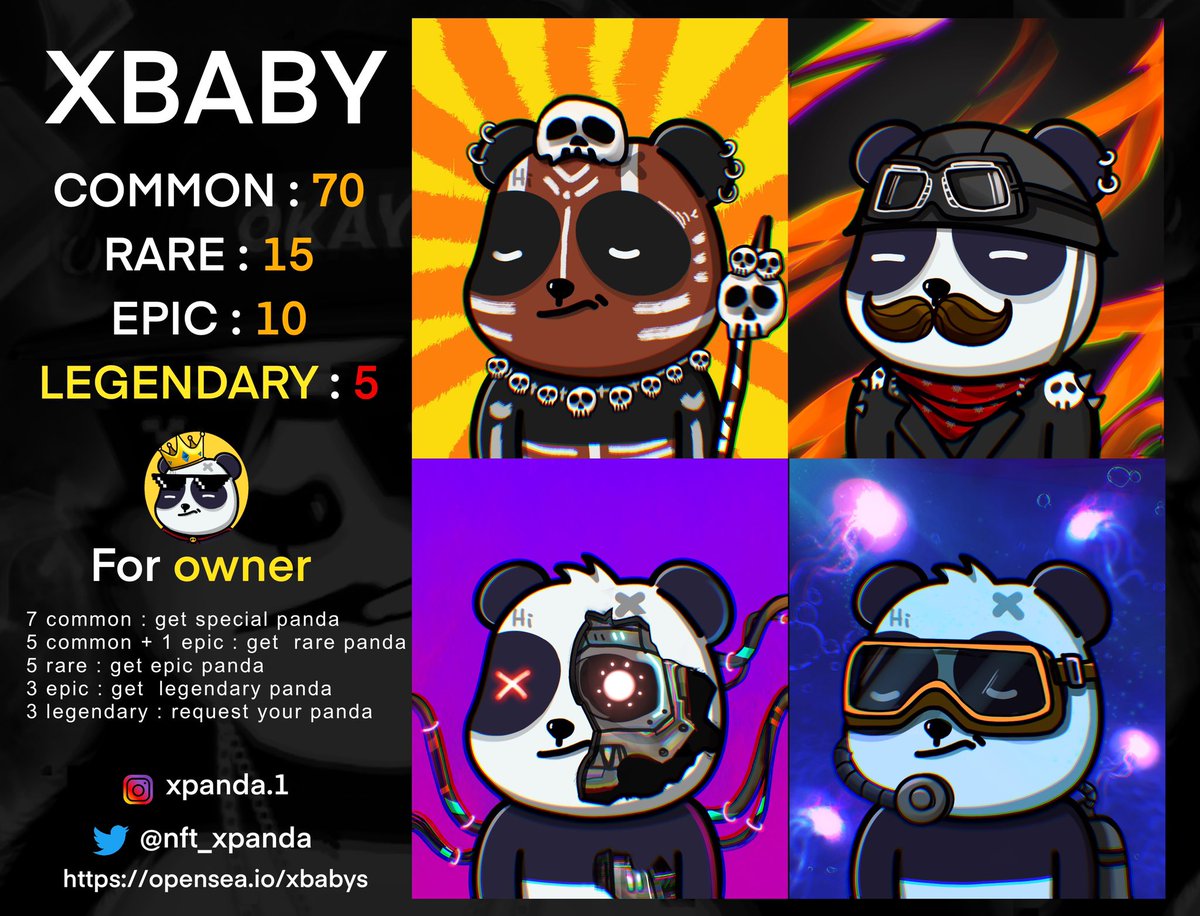 XBABY #78 - 81 including a very rare panda XBABY collection! 100 unique, hand drawn Pandas with special traits. 

Available on Opensea
opensea.io/collection/xba…

starting price 0.01 ETH

🐼🙏🏻 Each Panda that you adopt is 1/1.
#NFTs #nftcollector #NFTdrop #NFTTHAILAND #NFTJapan