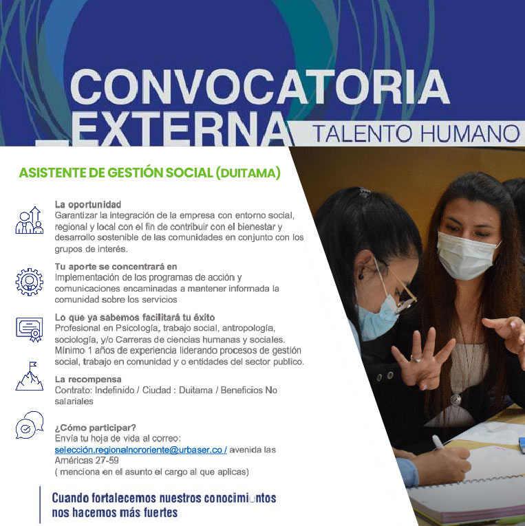 Oportunidad laboral para profesionales en áreas sociales. 

Si cumples con los requisitos 👇envía hoja de vida a: seleccion.regionalnororiente@urbaser.co