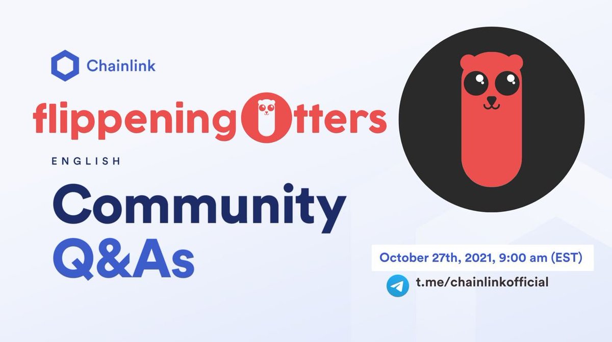 DailyChainlink's tweet photo. At 9am this morning, join us in the Chainlink Official Telegram with our special guests @FlippingOtters #FlippeningOtters .

We will hear more about their project and roadmap  during the latest edition of our Community Q&amp;As.

Where: https://t.co/4biCGQ3ZX9 https://t.co/83ND42nxU2