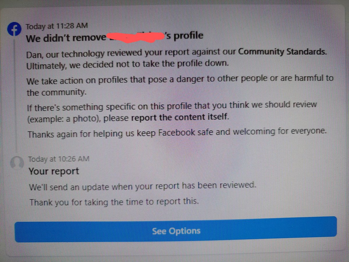 Danimal941's tweet photo. I need mine for work but would have gladly left it deleted years ago. While we're talking about it, I reported a spam account trying to sell prostitutes or porn subscriptions with a high school cheer squad as the profile pic and this is their reply #WhatToDoAboutFacebook https://t.co/OCySvTdZ9u
