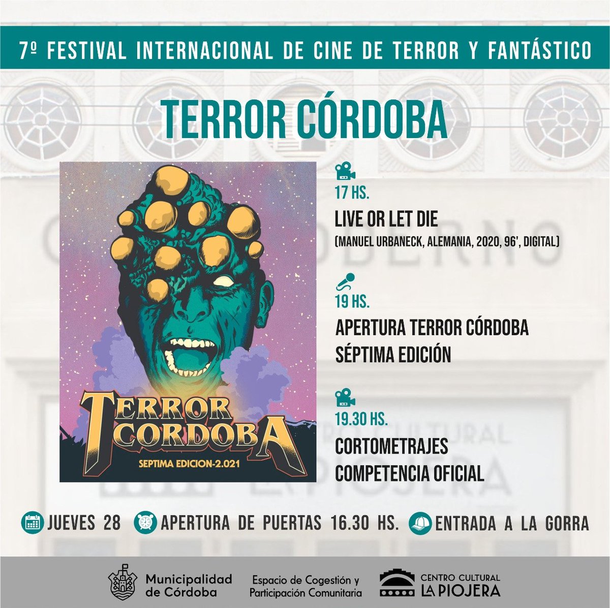 lapiojeracc's tweet photo. 🎥 TERROR CÓRDOBA en La Piojera 🖤

💥 Llega la 7º Edición del Festival de Cine de Terror y Fantástico. Este año la temática es “Gore Bizarro”

👉🏽 Sedes 2021: Centro Cultural La Piojera y Cineclub Municipal Hugo del Carril.
Funciones virtuales con material disponible las 24 hs. https://t.co/x7kqe86PvT