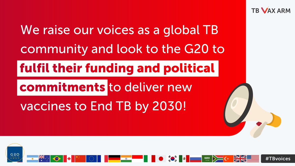 #TBsurvivors & +55 orgs around the 🌍 have come together to demand the #G20 provide the funding promised to deliver #newTBvaccines to End TB by 2030! 🇦🇷🇦🇺🇧🇪🇧🇷🇨🇦🇨🇳🇨🇩🇫🇷🇩🇪🇮🇳🇮🇩🇮🇹🇯🇵🇰🇷🇲🇽🇷🇺🇸🇦🇪🇸🇿🇦🇹🇷🇺🇦🇬🇧🇺🇸 @g20org 

📢🫁💉Join our call at bit.ly/TBVaxG20

Read, retweet, repeat!