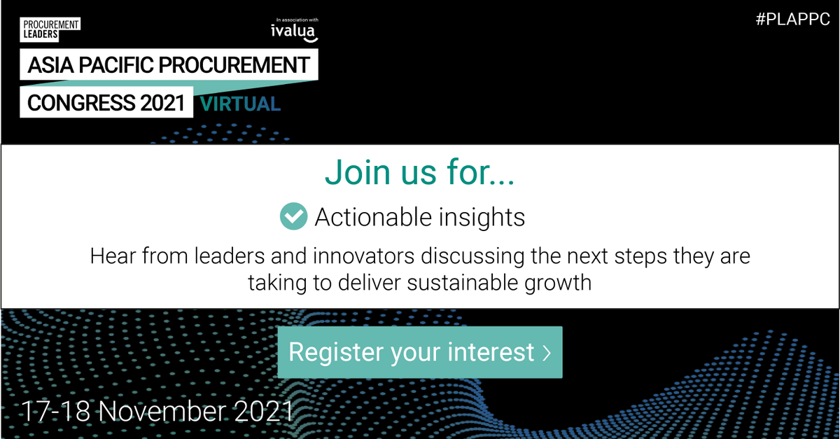 ProcurementLDRS's tweet photo. With just 3 weeks to go until Asia Pacific Procurement Congress Virtual 2021, we’re excited to open our virtual doors to our delegates, speakers and sponsors.

Here are 4 reasons why you should be securing your place at APPC

Register now: https://t.co/S8iEUIMRDI

#PLAPPC https://t.co/UmspyTBEAm