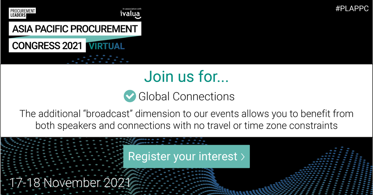 ProcurementLDRS's tweet photo. With just 3 weeks to go until Asia Pacific Procurement Congress Virtual 2021, we’re excited to open our virtual doors to our delegates, speakers and sponsors.

Here are 4 reasons why you should be securing your place at APPC

Register now: https://t.co/S8iEUIMRDI

#PLAPPC https://t.co/UmspyTBEAm
