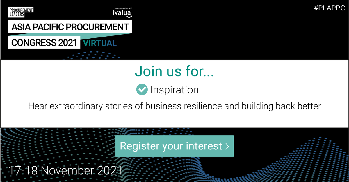 ProcurementLDRS's tweet photo. With just 3 weeks to go until Asia Pacific Procurement Congress Virtual 2021, we’re excited to open our virtual doors to our delegates, speakers and sponsors.

Here are 4 reasons why you should be securing your place at APPC

Register now: https://t.co/S8iEUIMRDI

#PLAPPC https://t.co/UmspyTBEAm