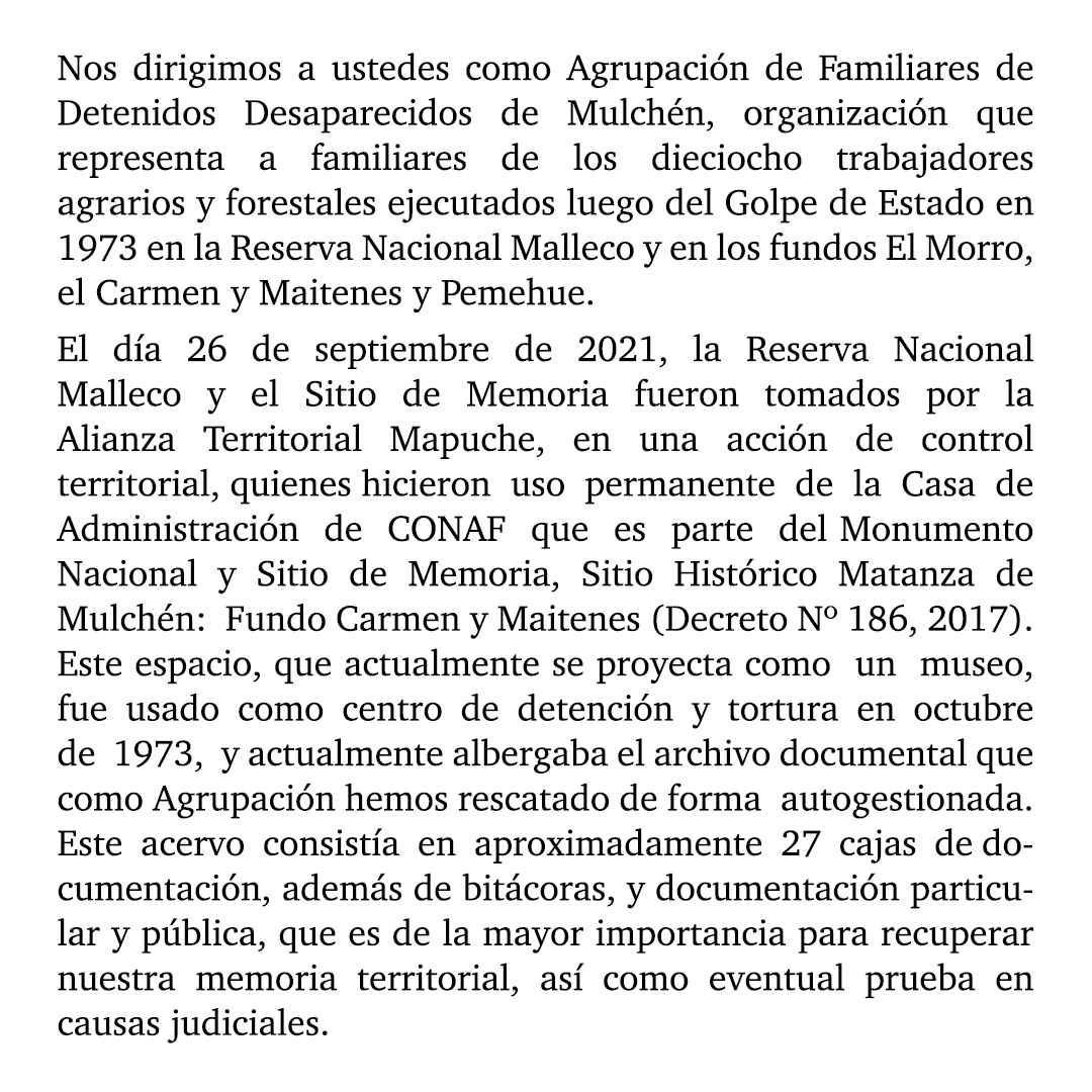 archiverxs's tweet photo. Difundimos la declaración pública de la Agrupación de Detenidos Desaparecidos de Mulchén, en relación a la pérdida de documentación histórica en el sitio de memoria "Matanza de Mulchén". https://t.co/YxHmC2PPVJ