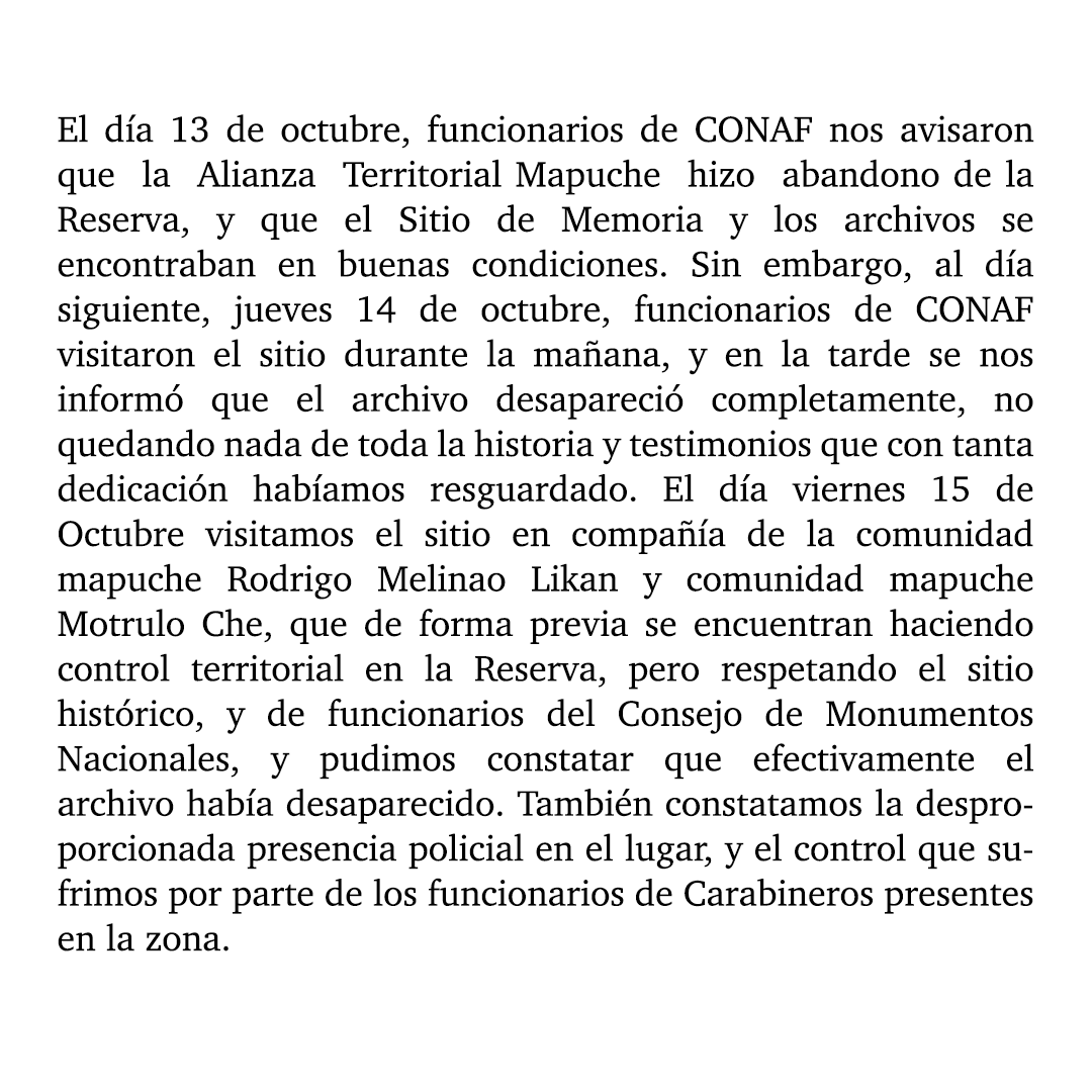 archiverxs's tweet photo. Difundimos la declaración pública de la Agrupación de Detenidos Desaparecidos de Mulchén, en relación a la pérdida de documentación histórica en el sitio de memoria "Matanza de Mulchén". https://t.co/YxHmC2PPVJ