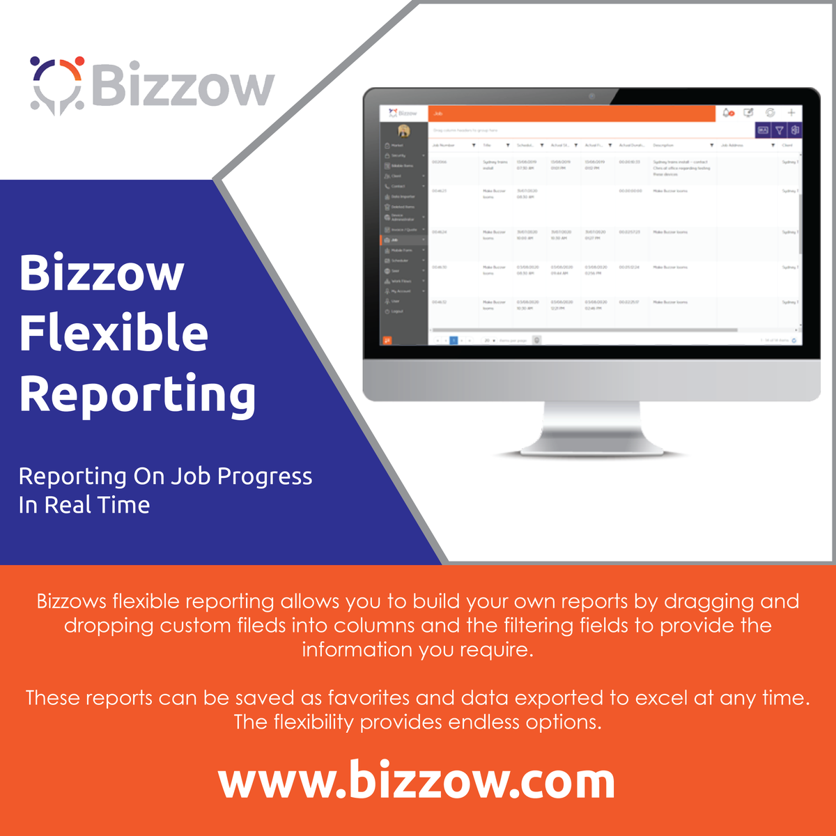 📊 A Flexible reporting module helping you report on job progress in real time. Know immediately when jobs are started &amp; finished with Bizzow's amazing features.

See how our reporting function can benefit you: buff.ly/3D91jVa

#Reporting#Bizzow#JobDispatch