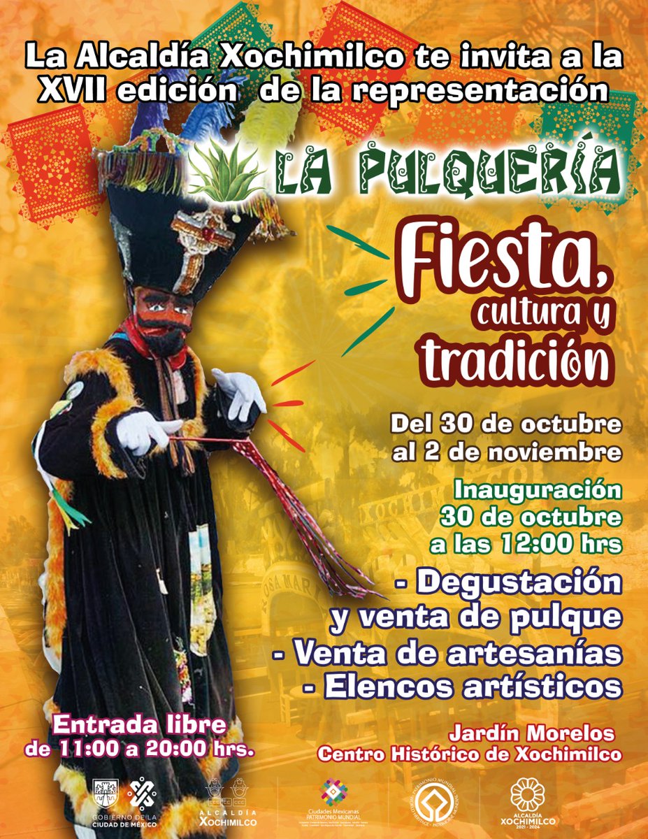 Para los amantes del pulque del 30 de octubre al 2 de noviembre tendremos la tradicional Pulquería en el Jardín del Arte de nuestra alcaldía. Disfruta de la bebida de los dioses.
#Xochimilco