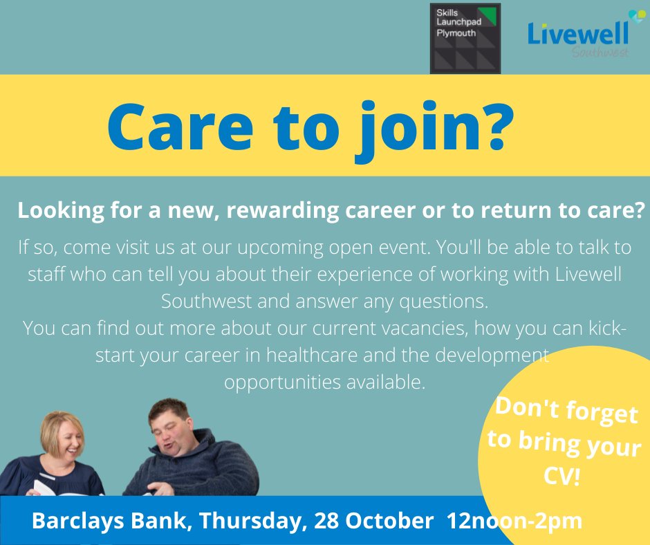 Livewell Southwest (@livewellsw) on Twitter photo Don't forget we're back at Barclays Bank tomorrow with Skills LaunchPad Plymouth! ๐คฉ
Come and find out more about the exciting opportunities we have available.
More details below ๐
<a href="/LaunchpadPlym/">Skills Launchpad Plymouth</a> <a href="/JCPinPlymouth/">JCP in Plymouth</a> Don't forget we're back at Barclays Bank tomorrow with Skills LaunchPad Plymouth! ๐คฉ
Come and find out more about the exciting opportunities we have available.
More details below ๐
<a href="/LaunchpadPlym/">Skills Launchpad Plymouth</a> <a href="/JCPinPlymouth/">JCP in Plymouth</a>