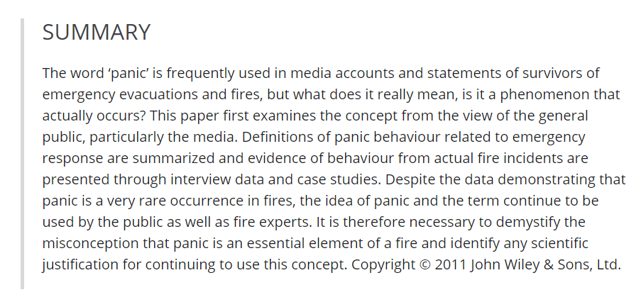 FireJournalClub's tweet image. Paper #5.

*Panic or not in fire: Clarifying the misconception*
by Dr Fahy, Prof Proulx, Dr Aiman.

onlinelibrary.wiley.com/doi/abs/10.100…