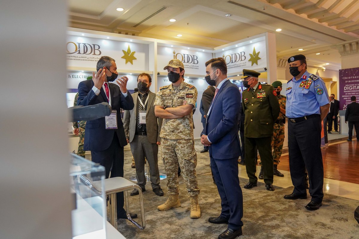 RHCJO's tweet photo. His Royal Highness Crown Prince Al Hussein, the Regent, visits part of the first Artificial Intelligence Defense Technology and Cyber Security Exhibition and Conference (AIDTSEC 2021), organised by SOFEX at the King Hussein Convention Centre at the Dead Sea #Jordan https://t.co/AojKUBv6El
