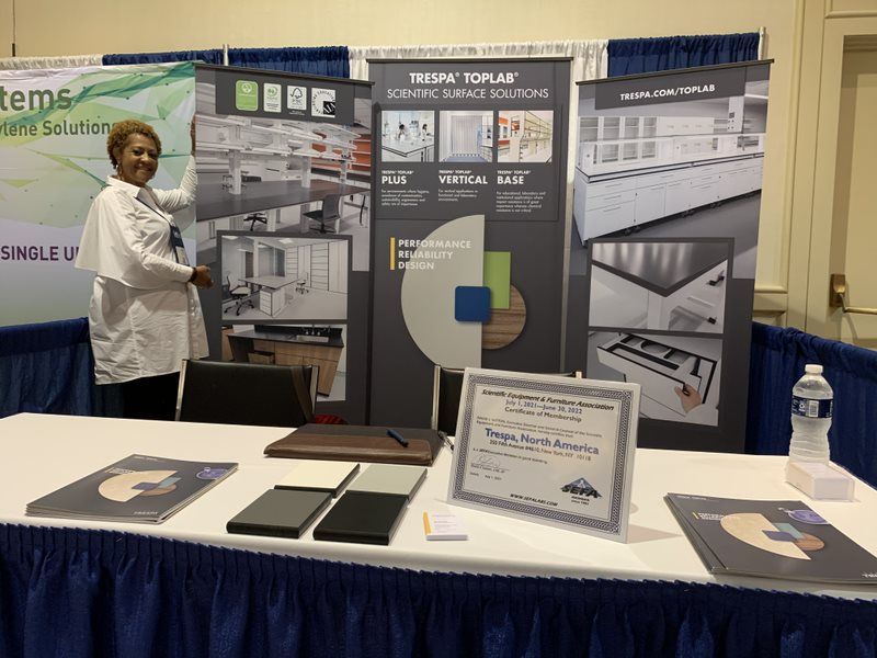 ISternitzke's tweet photo. Our colleague Sharon & the Trespa booth at the Lab Design Conference in Philadelphia! It was amazing to finally connect face to face with clients and exciting to present the Trespa® TopLab® product group. Looking forward to more of these events. #trespa #toplab https://t.co/TNoLYkhRGr