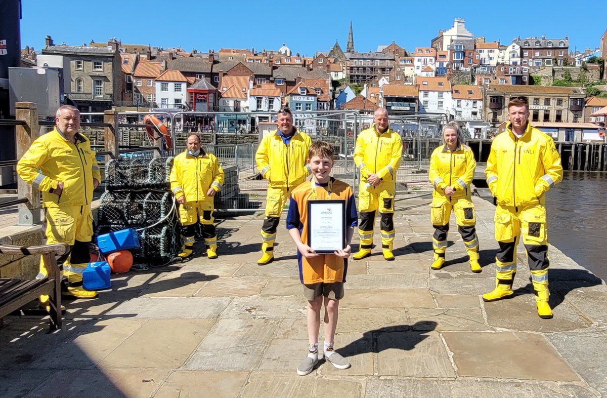 RNLI's tweet photo. Here's a massive thank you to Issac who, at only 12 years old, has raised £2,500 for the RNLI! This summer Issac extended his Mayday Mile to a staggering 133-mile equivalent walk, ending with a trip to Whitby lifeboat station to celebrate with the crew. Well done 👏💙 https://t.co/j4g7hbrc0w