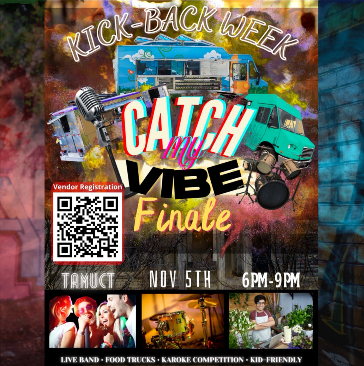 Join us for our Catch My Vibe finale event taking place during Kick-Back Week on Nov. 5th from 6pm-9pm. There will be a live band, food trucks, karaoke, &amp; more! Visit our website to learn more about sponsorship and vendor opportunities.

 #swacctamuct #tamuct #tamuctevents
