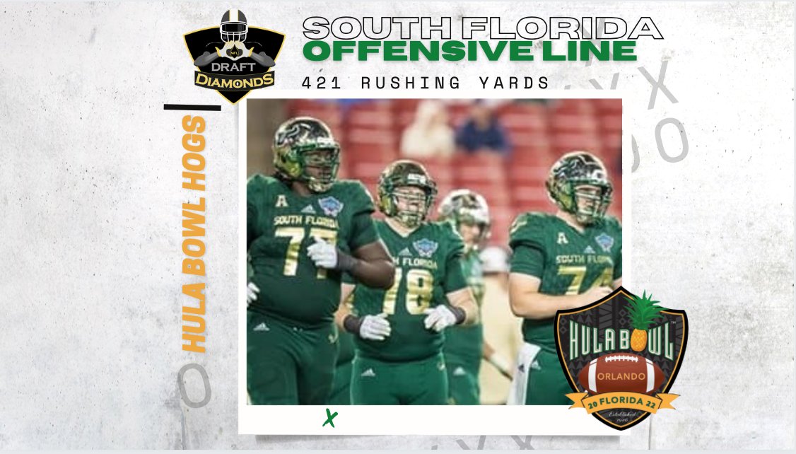 Hula_Bowl's tweet photo. A #DiamondPerformance from the @USFFootball offensive line who blocked for over 400 rushing yards. We love our #HulaHogs #NFL @DraftDiamonds are found at the #HulaBowl #Hogs #CollegeFootball https://t.co/IVrG1k0zTC