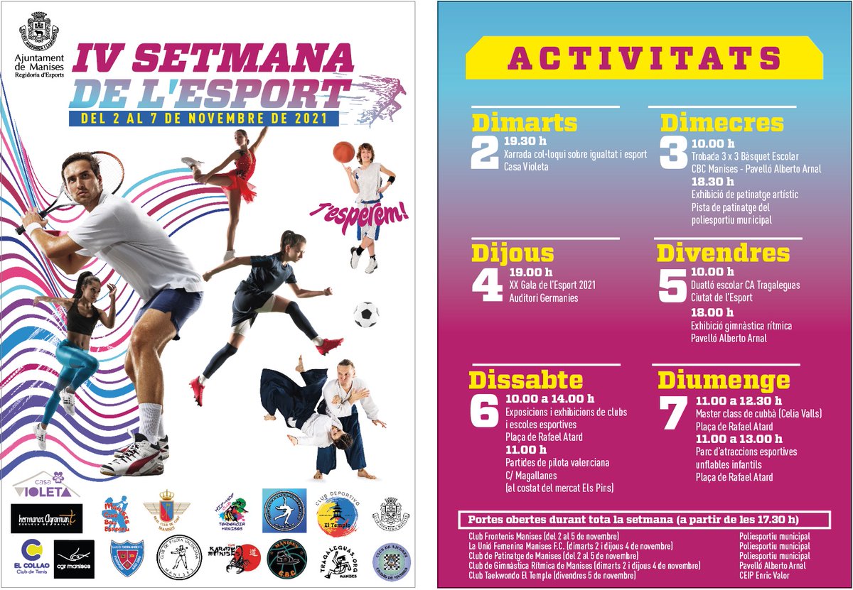 🤩Arranca la IV Setmana de l'Esport de #Manises
🏃‍♀️Vine i participa a les nombroses activitats, és una bona oportunitat per conéixer de primera mà l'oferta d'activitats i clubs esportius de la nostra localitat i passar-ho en gran!🏸⚽️🏀🎾🏌️🤸‍♂️
➕Info👇
bit.ly/3CgiSBM