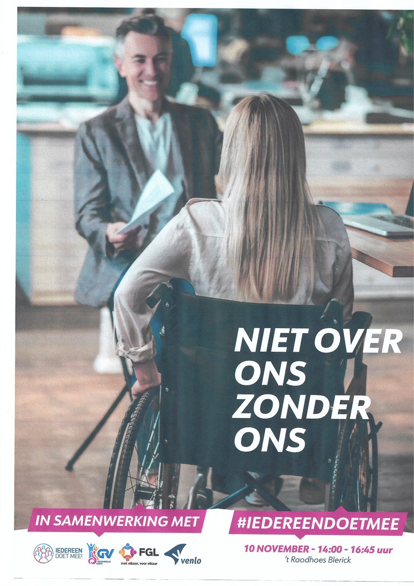 Federatie van Gehandicaptenorganisaties in Limburg
@FederatieL
🗓𝟭𝟬 𝗻𝗼𝘃𝗲𝗺𝗯𝗲𝗿 '𝘁 𝗥𝗮𝗼𝗱𝗵𝗼𝗲𝘀: 𝗠𝗮𝗻𝗶𝗳𝗲𝘀𝘁𝗮𝘁𝗶𝗲 "𝗜𝗲𝗱𝗲𝗿𝗲𝗲𝗻 𝗱𝗼𝗲𝘁" Venlo  'Iedereen doet mee'. Het programma en voor aanmelden: venlo.nl/manifestatie-i…