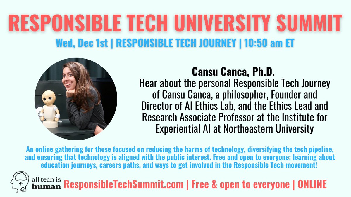AllTechIsHuman's tweet image. 🥳Excited to have @ccansu, founder &amp;amp; director of @aiethicslab + the Ethics Lead and Research Associate Professor at @Experiential_AI speak at the upcoming Responsible Tech University Summit on Dec 1st! Join us!

✍️REGISTER (free, online, open to everyone): hopin.com/events/respons…
