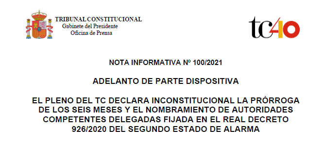 TConstitucionE's tweet photo. Nota de prensa - Adelanto de parte dispositiva | El Pleno del TC declara inconstitucional la prórroga de los seis meses y el nombramiento de autoridades competentes delegadas fijada en el Real Decreto 926/2020 del segundo estado de alarma https://t.co/iJD0o8sBHU https://t.co/PZt7hVl00e