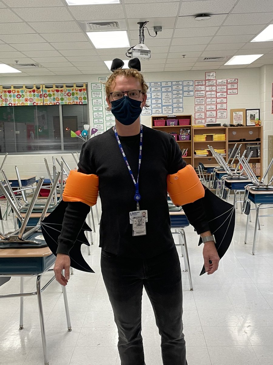 heatherlmosley's tweet photo. My intern is better than yours because he will dress like a baby bat and wear floaties all day. @CBESEagles #storybookdressupday #batsatthelibrary https://t.co/jX66kCkO3c