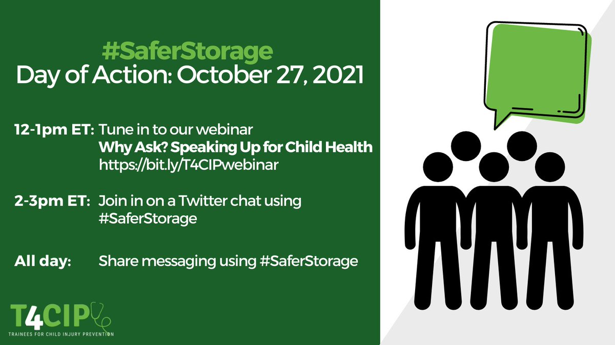 Today! #T4CIP is taking to social media to talk about ways to keep children safe from firearm injury &amp; death. Follow #SaferStorage for tips to keep kids in our homes and in our communities safe. Join us at noon ET for a webinar &amp; 2 p.m. ET for a Twitter chat.