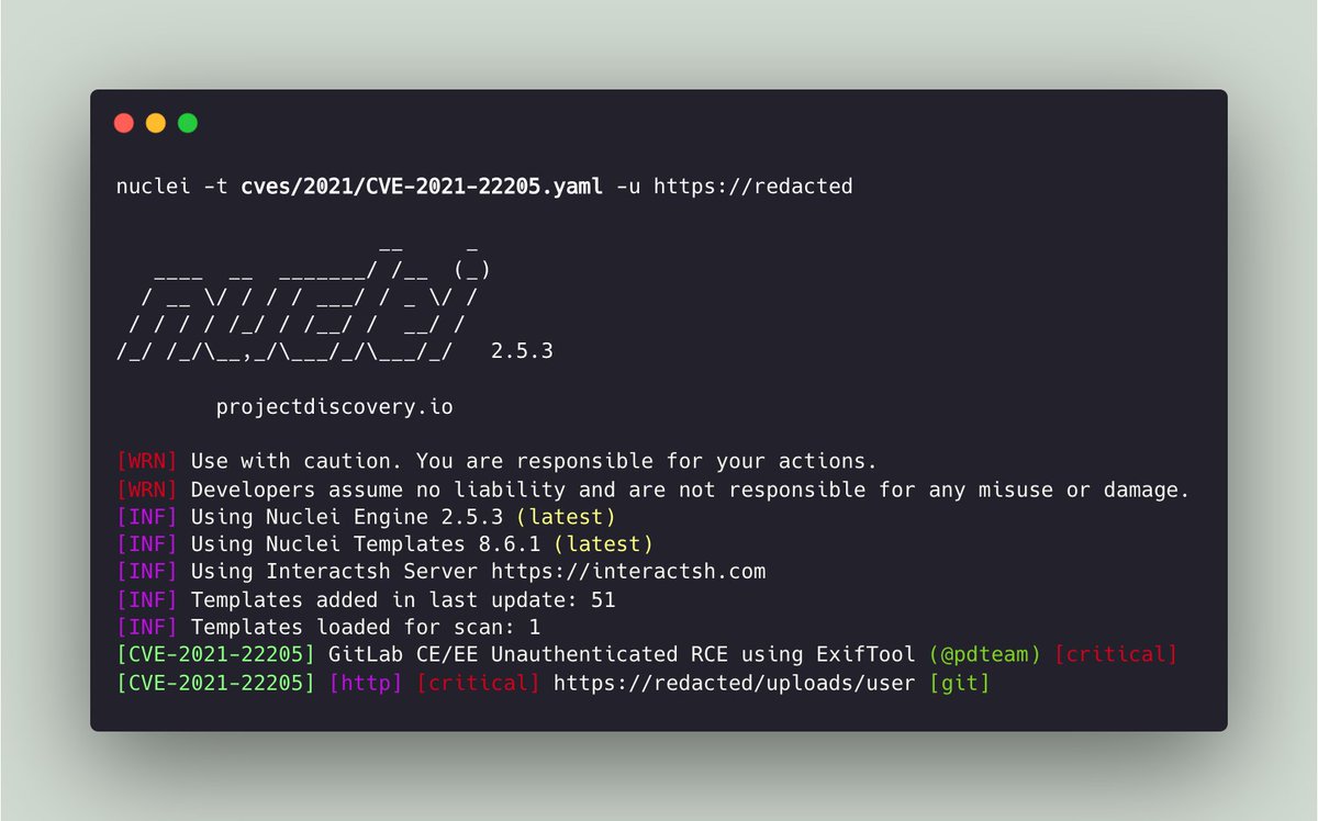 Nuclei Template for CVE-2021-22205 - GitLab CE/EE Unauthenticated RCE using ExifTool

Template: github.com/projectdiscove…

#bugbounty #pentest #hackwithautomation #gitlab