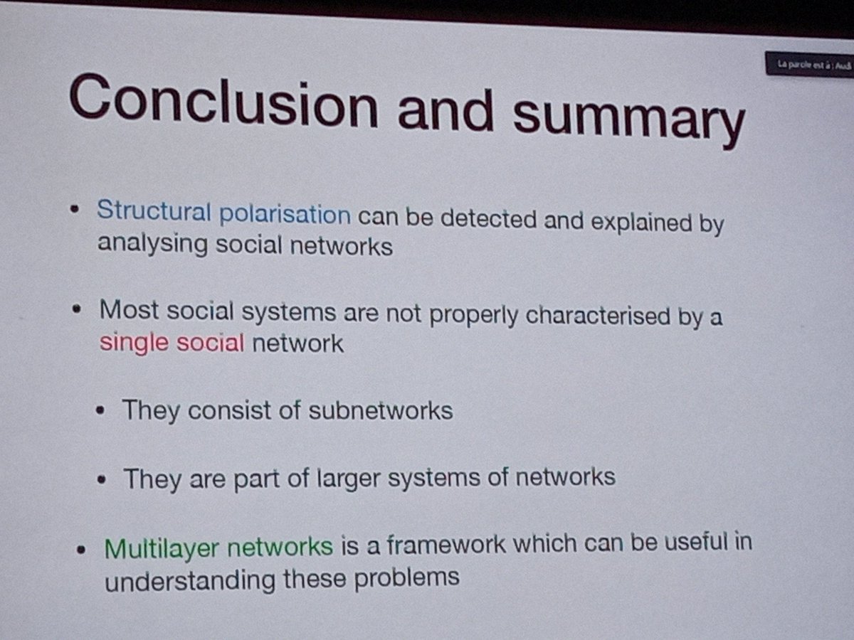 AndresKarjus's tweet image. #CCS2021 Mikko Kivelä @bolozna on polarization and multilayer networks. Asks why are we in homogeneous groups. Approaches to disentangle polarization along debated topics on retweet networks and multilayer political communication in networks of networks.