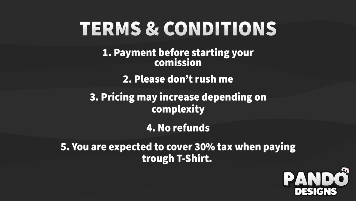 Clothing Commission Sheet 2021!

add my discord pando#9999 or dm me on twitter to order

Likes and Retweets appreciated 😄

#ROBLOX | #ROBLOXDev | #RobloxDesigner