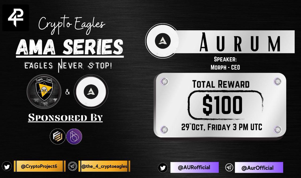 CryptoProject6's tweet image. We are pleased to announce our next AMA on October 29, 2021 at 3:00 PM UTC

@CryptoProject6

 x 
@AURofficial_

Reward : 100$ 
Requirements:
Follow :-
@AURofficial_
 &amp;amp; 
@CryptoProject6

Like, RT, Tag your 3 Friends.