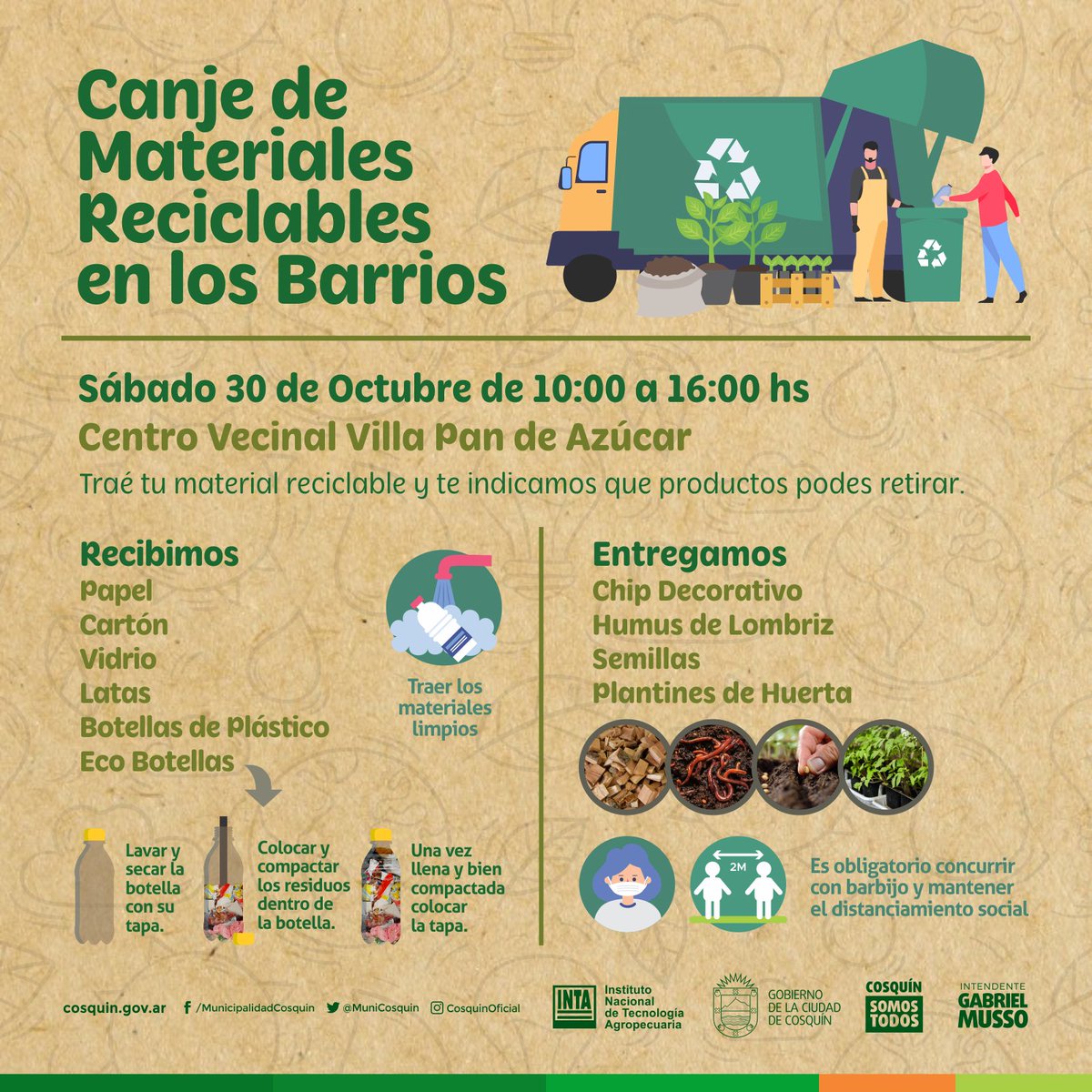 ♻️¡Jornada de Canje de Materiales Reciclables en los barrios de nuestra ciudad!🎉

👉El próximo sábado 30 de Octubre, la Coordinación de Gestión Ambiental invita a la comunidad a la Jornada de Canje en el Centro Vecinal de Villa Pan de Azúcar. 🙌 

¡Te esperamos! 🎉♻️🙌