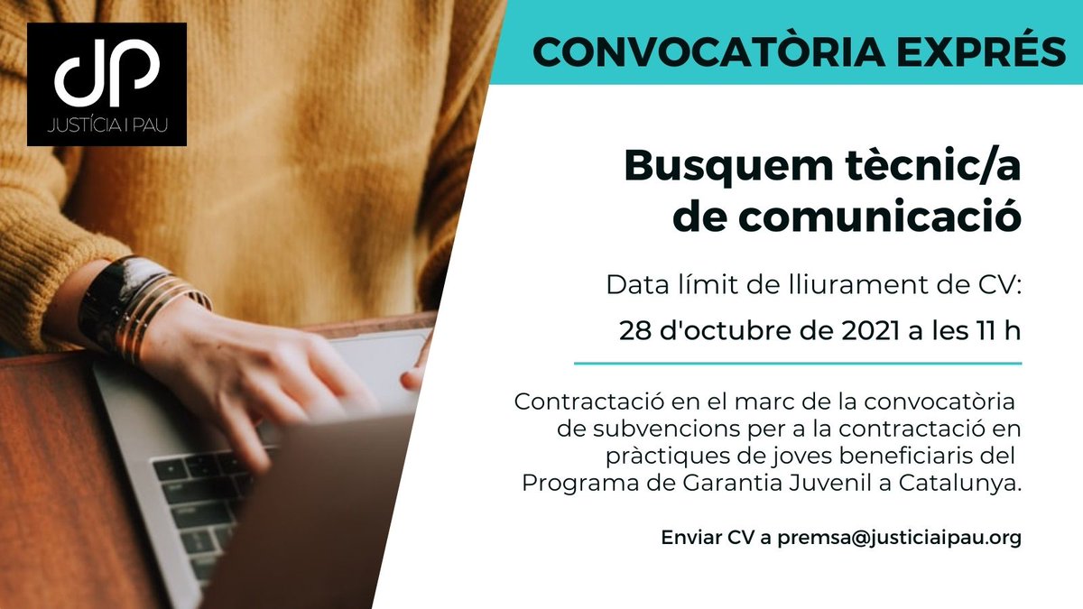 🔴URGENT

Avui ens han confirmat que podem incorporar 1 persona sota el programa de Garantia Juvenil, però s'ha d'incorporar aquest mes d'octubre. 

Per tant, la data límit per enviar CVs és demà 28 d'octubre a les 11 h.

Ens ajudes amb la difusió? 🙏
justiciaipau.org/diem/oferta-ex…