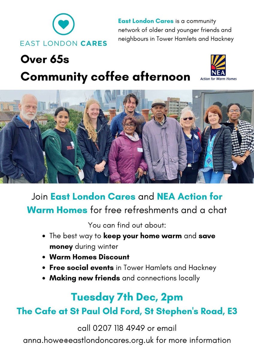 We’re working with <a href="/NEA_UKCharity/">National Energy Action</a> to share warm homes information with east London neighbours over a cuppa and a mince pie or two. We’ll also share a few previews of what’s coming up at East London Cares in 2022! 
Get in touch for more info and please share with your networks 💙